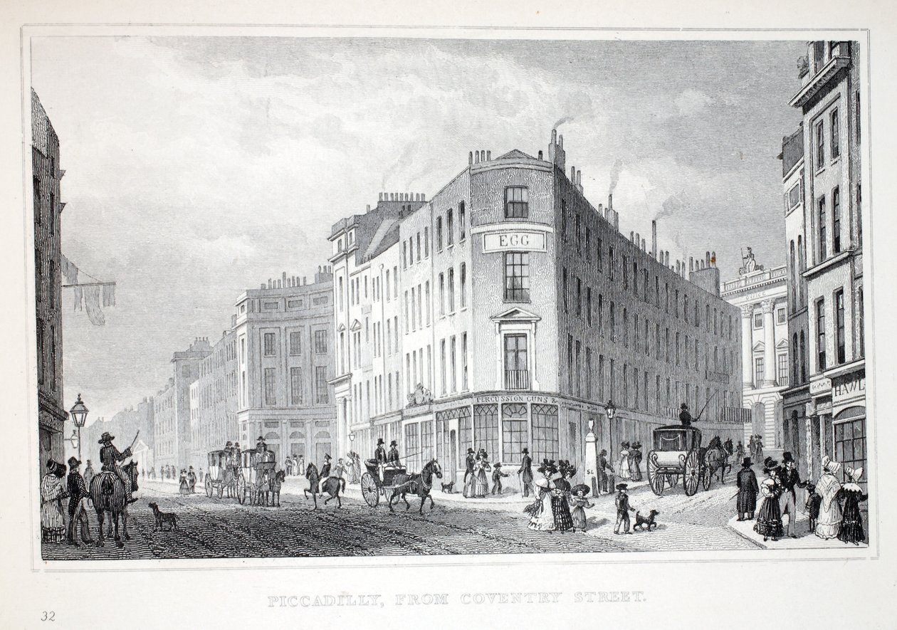 Piccadilly, z Coventry Street, z pubu „Londyn i jego okolice w XIX wieku”. Jones und Co., 1827-1829 autorstwa Thomas Hosmer Shepherd
