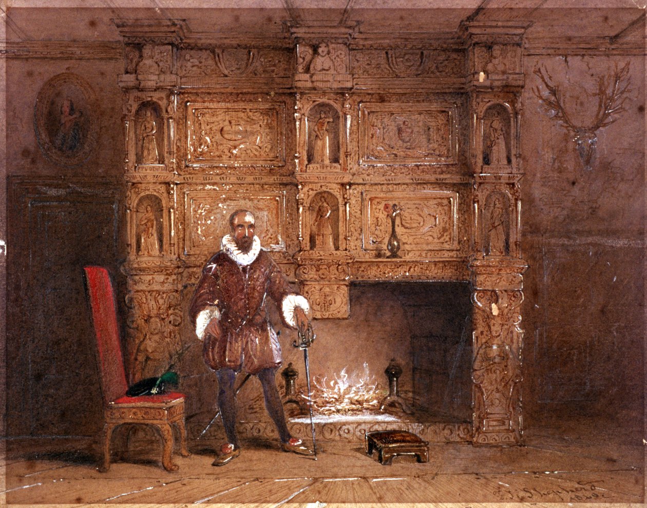 Prawdopodobnie Sir John Spencer w Canonbury House lub Sir Walter Raleigh w Old Pied Bull Inn, 1849 autorstwa Thomas Hosmer Shepherd