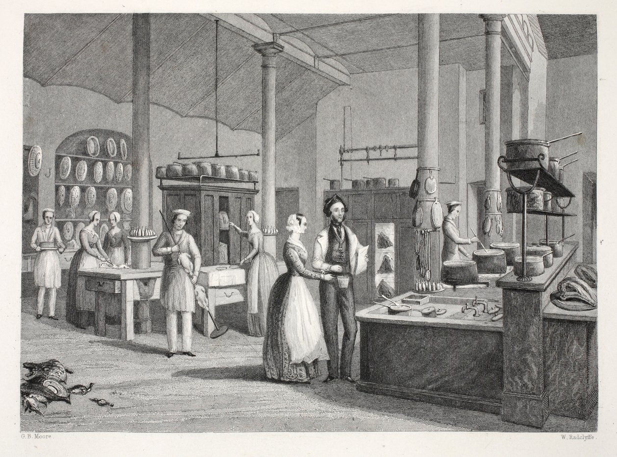 Klub Reform - kuchnia, z pubu „London Interiors with Your Costumes and Ceremonies”. Joseph Mead, Londyn, c.1843 (rycina stalowa) autorstwa Thomas Hosmer Shepherd