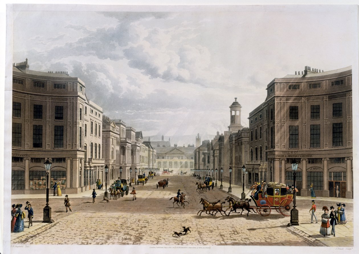 Regent Street, z Piccadilly, ryt. J. Bluck (fl.1791-1831), wyd. 1822 przez „Repozytorium Sztuki” Ackermanna (akwatinta) autorstwa Thomas Hosmer Shepherd