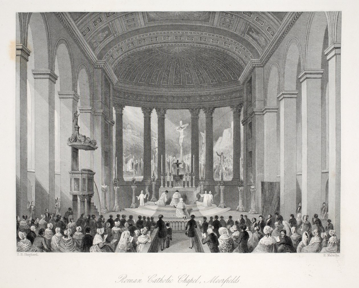 Kaplica rzymskokatolicka, Moorfields, z pubu „London Interiors with their Costumes and Ceremonies”. Joseph Mead, Londyn, c.1843 (rycina stalowa) autorstwa Thomas Hosmer Shepherd