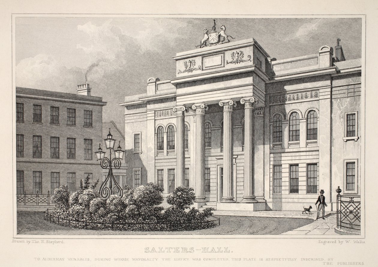 Salters Hall, z pubu „Londyn i jego okolice w XIX wieku”. Jones und Co., 1827-1829 autorstwa Thomas Hosmer Shepherd