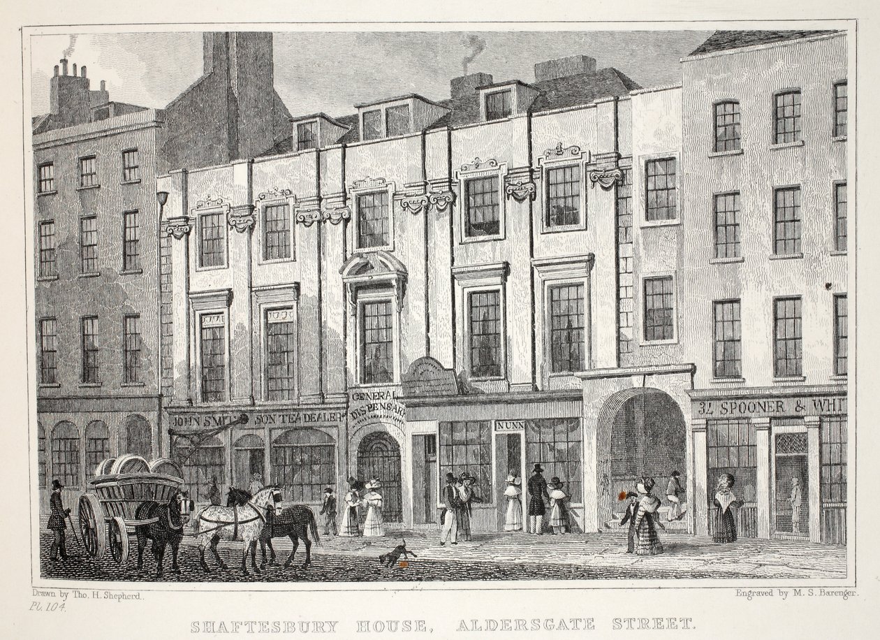 Shaftesbury House, Aldersgate Street, z pubu „Londyn i jego okolice w XIX wieku”. Jones und Co., 1827-1829 autorstwa Thomas Hosmer Shepherd
