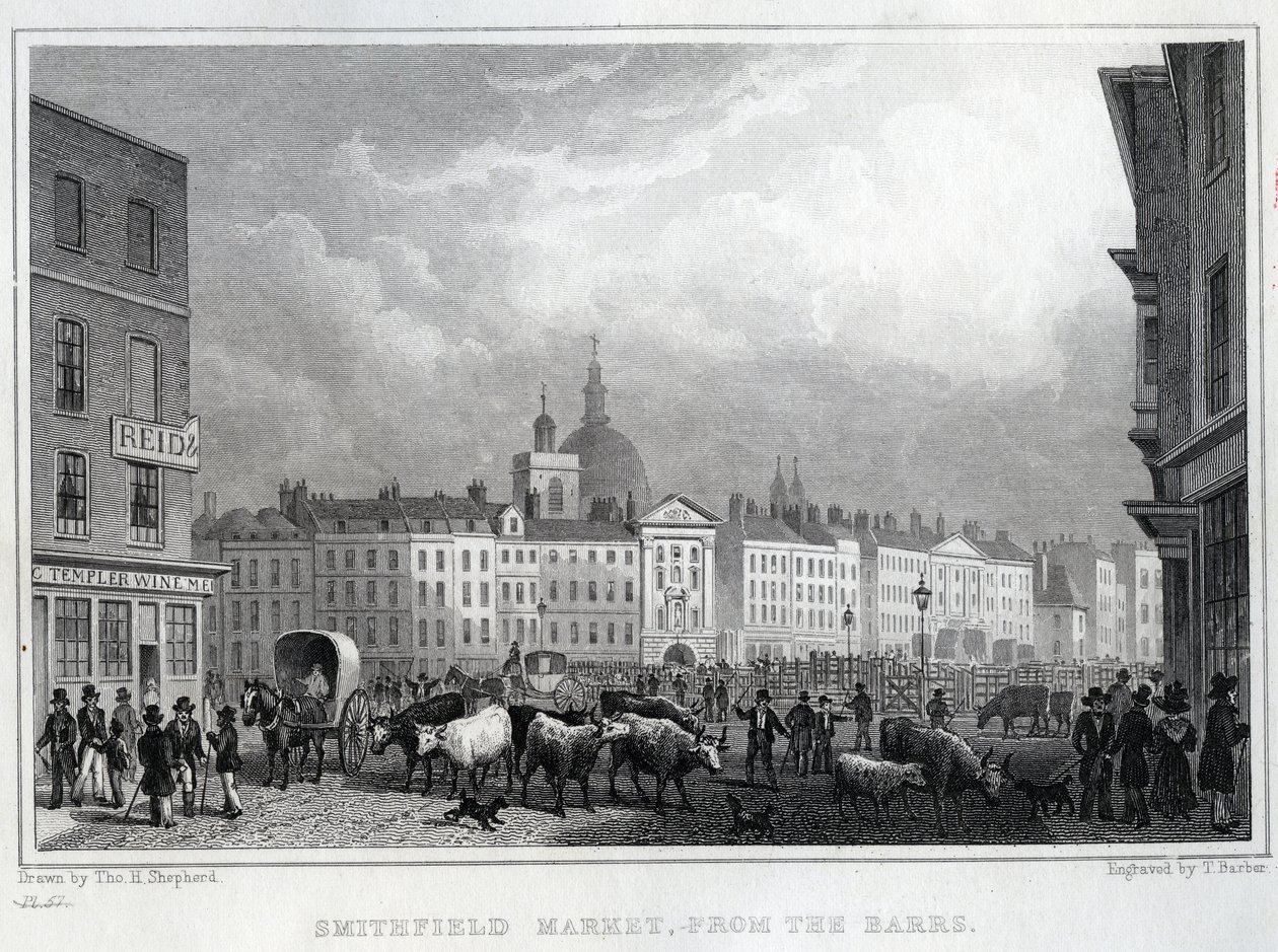 د بارز څخه د سمیټفیلډ مارکیټ، د توماس باربر لخوا نقاش شوی، c.1830 poli autorstwa Thomas Hosmer Shepherd