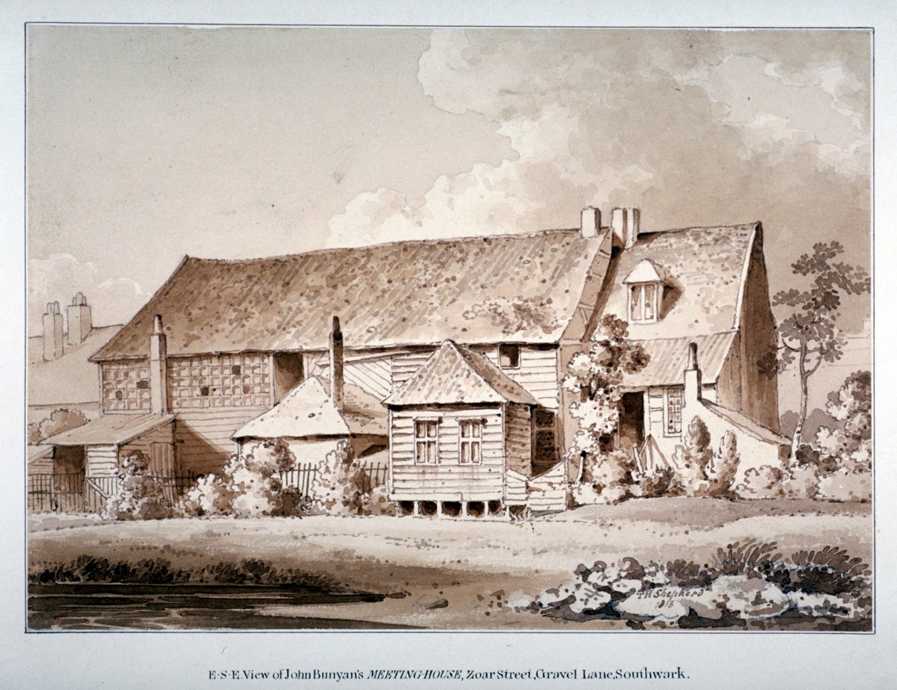 Południowo-wschodni widok domu spotkań Johna Bunyana, Zoar Street, Southwark, Londyn, 1813 autorstwa Thomas Hosmer Shepherd