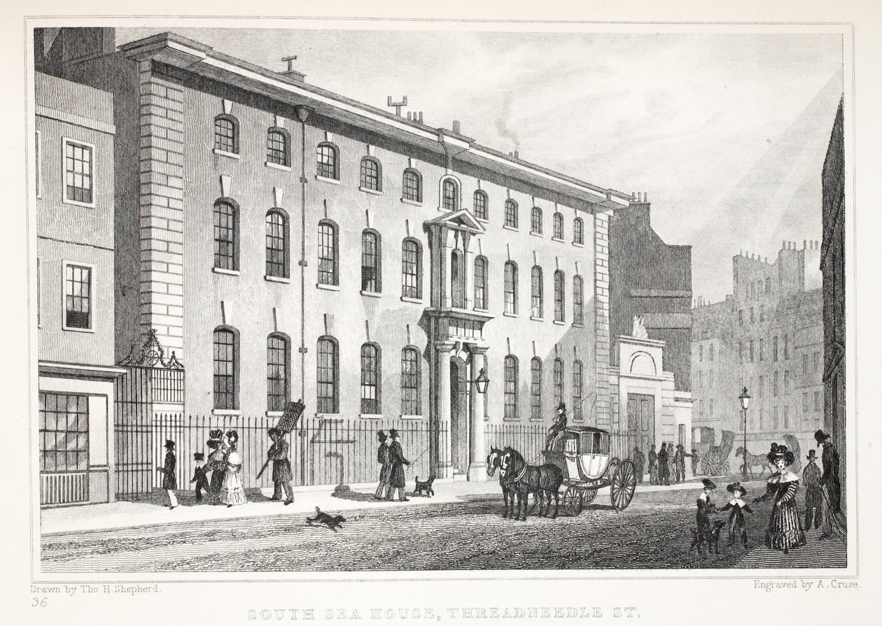 South Sea House, Threadneedle Street, z pubu „Londyn i jego okolice w XIX wieku”. Jones und Co., 1827-1829 autorstwa Thomas Hosmer Shepherd