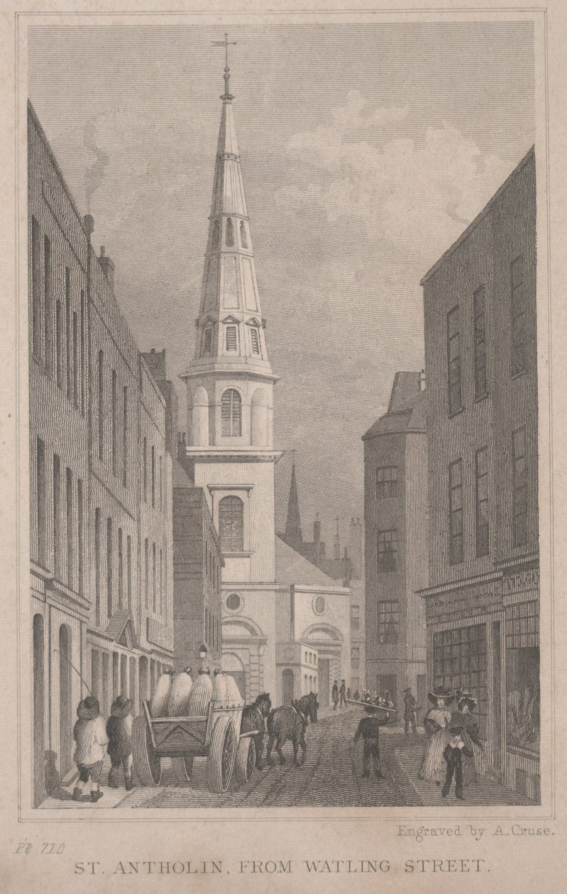 St. Antholin, od ulicy Watling, rycina A. Cruse, ok. 1830 (rycina) autorstwa Thomas Hosmer Shepherd