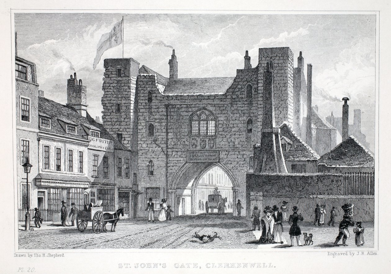 St Johns Gate, Clerkenwell, z pubu „Londyn i jego okolice w XIX wieku”. Jones und Co., 1827-1829 autorstwa Thomas Hosmer Shepherd