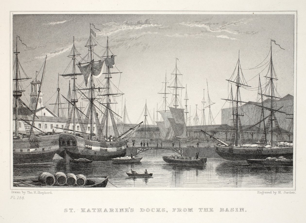 St Katherine Docks, z Basin, Tower, z Londynu i okolic w pubie z XIX wieku. Jones und Co., 1827-1829 autorstwa Thomas Hosmer Shepherd