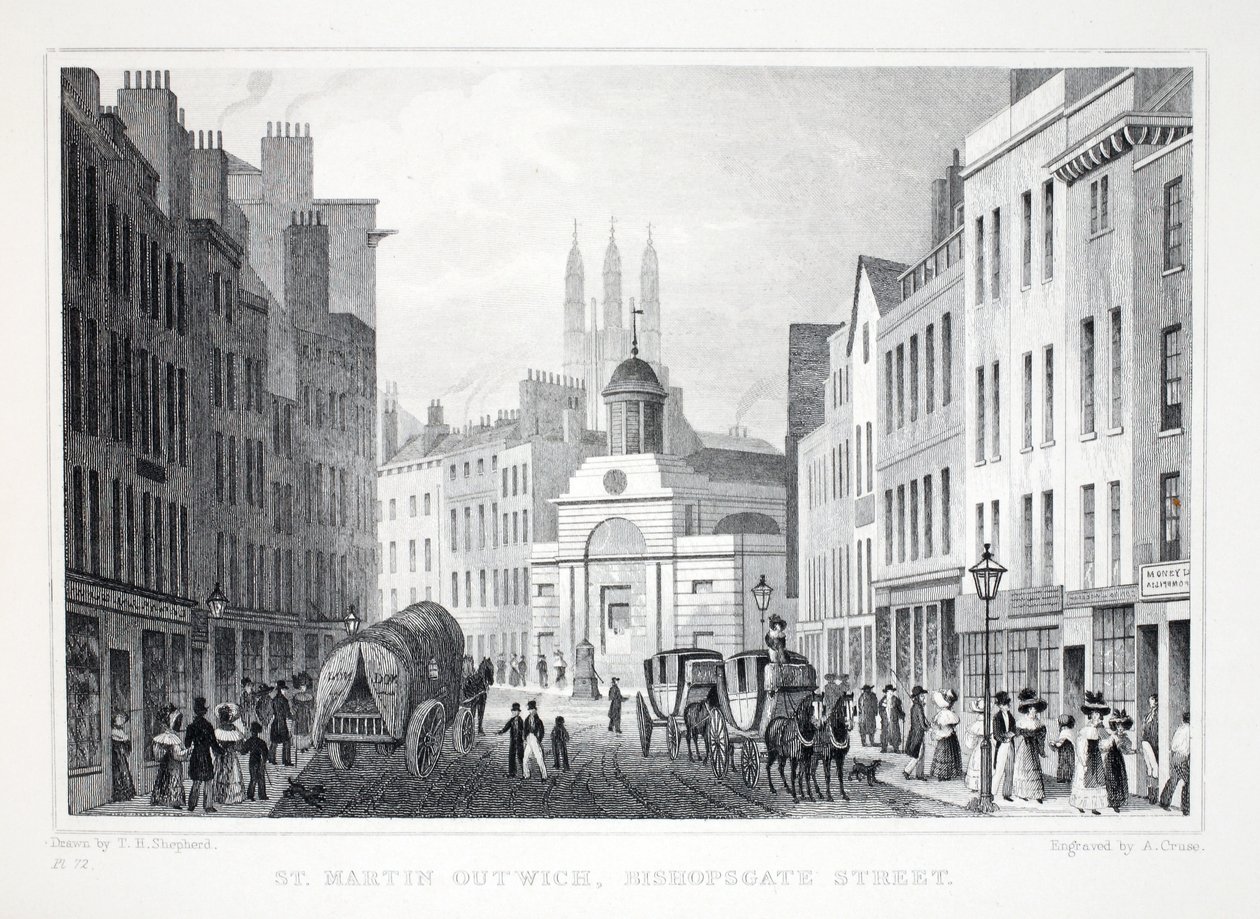 St Martin Outwich, Bishopsgate Street, z Londynu i okolic w pubie z XIX wieku. Jones und Co., 1827-1829 autorstwa Thomas Hosmer Shepherd
