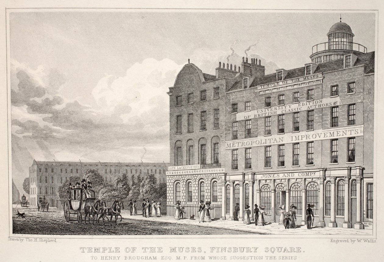 Świątynia Muz, Finsbury Square, z pubu „Londyn i jego okolice w XIX wieku”. Jones und Co., 1827-1829 autorstwa Thomas Hosmer Shepherd