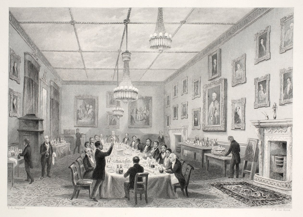 Dom kryty strzechą, z pubu „London Interiors with Your Costumes and Ceremonies”. Joseph Mead, Londyn, c.1843 (rycina stalowa) autorstwa Thomas Hosmer Shepherd