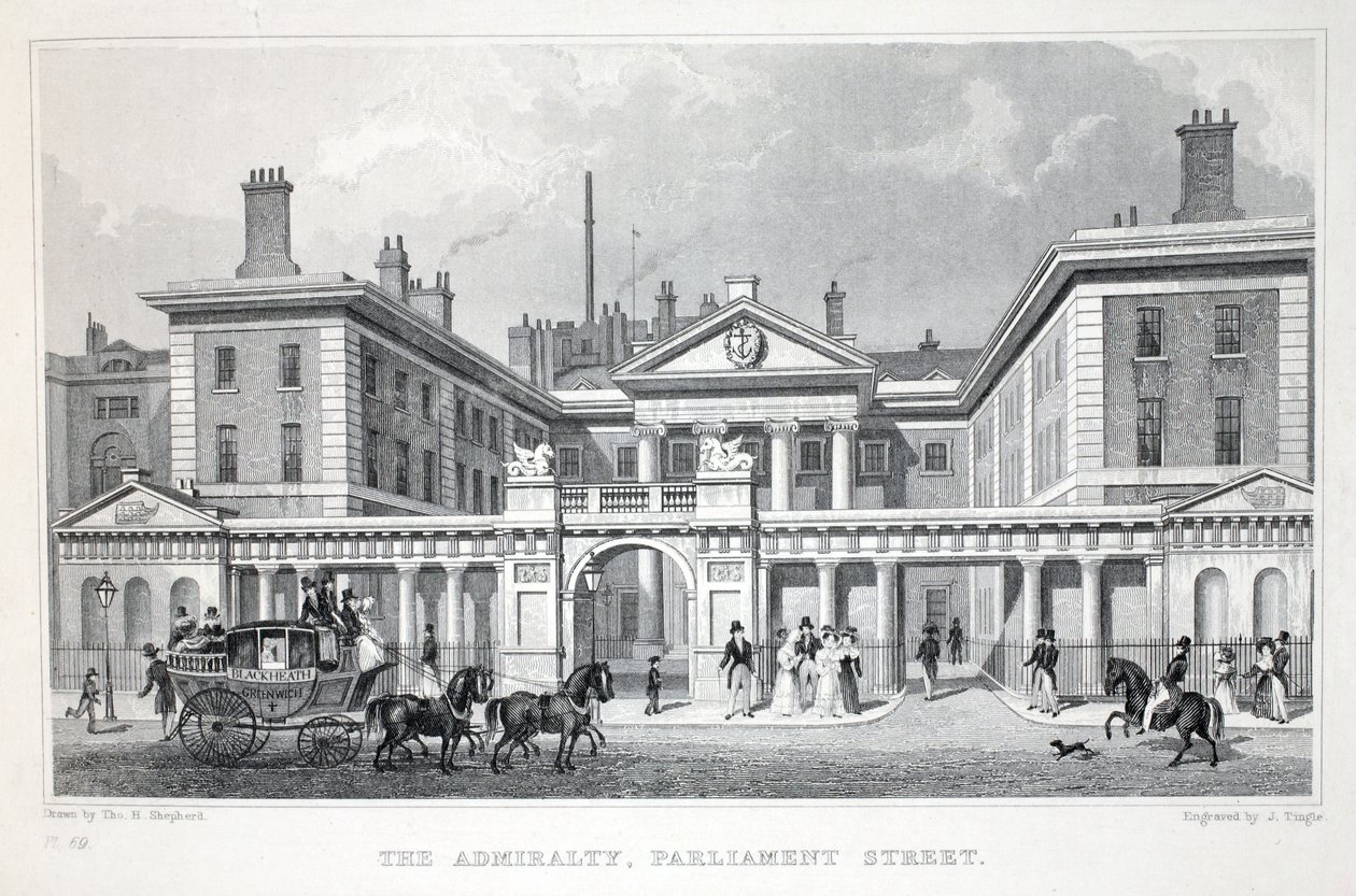 Admiralty, Parliament Street, z pubu „Londyn i jego okolice w XIX wieku”. Jones und Co., 1827-1829 autorstwa Thomas Hosmer Shepherd