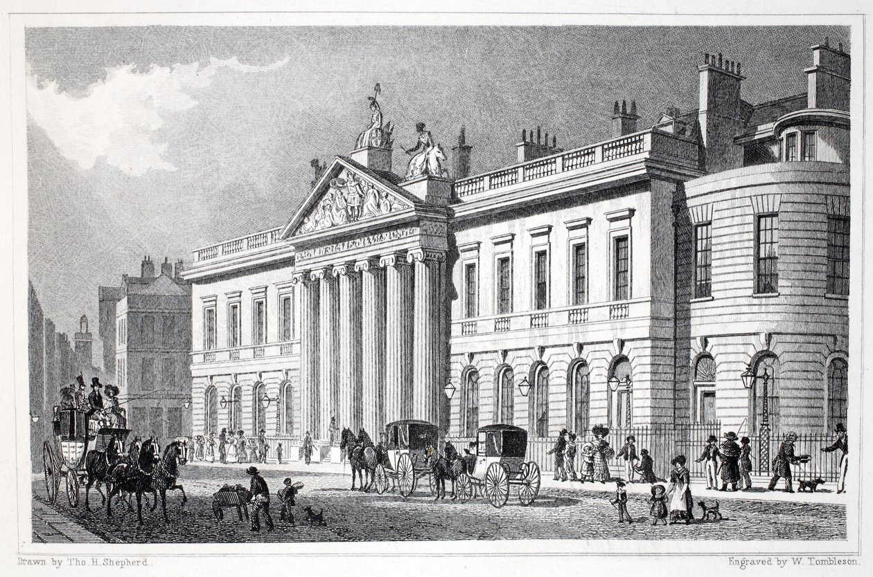East India House, z pubu „Londyn i jego okolice w XIX wieku”. Jones und Co., 1827-1829 autorstwa Thomas Hosmer Shepherd