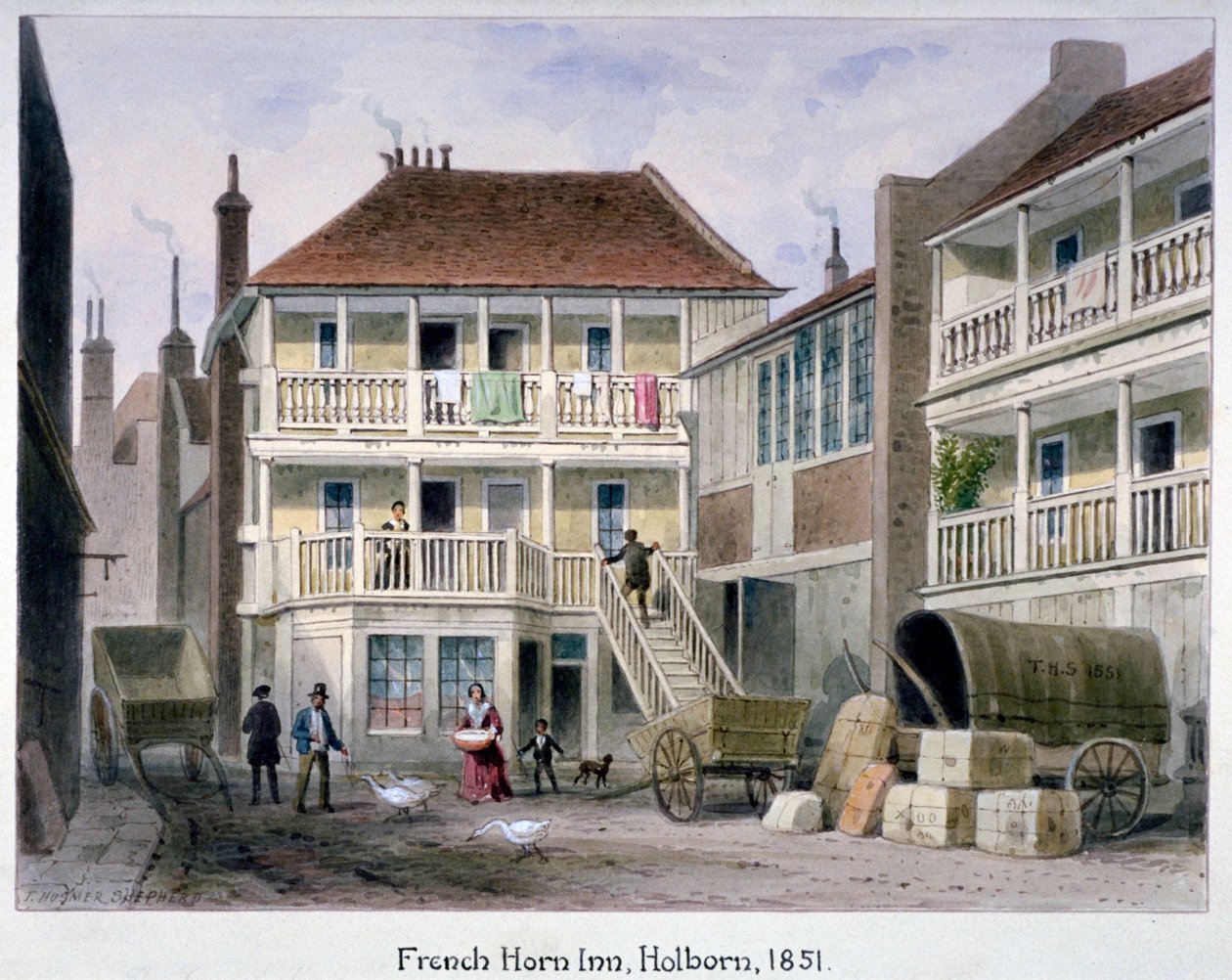 The French Horn Inn, Holborn, Londyn, 1851. autorstwa Thomas Hosmer Shepherd