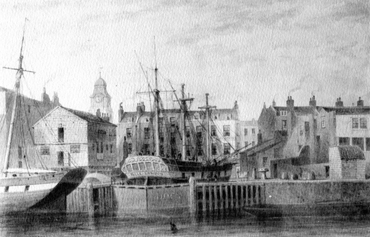 The Gun Dock w Wapping, 1850 (pióro, atrament i pranie na papierze) autorstwa Thomas Hosmer Shepherd