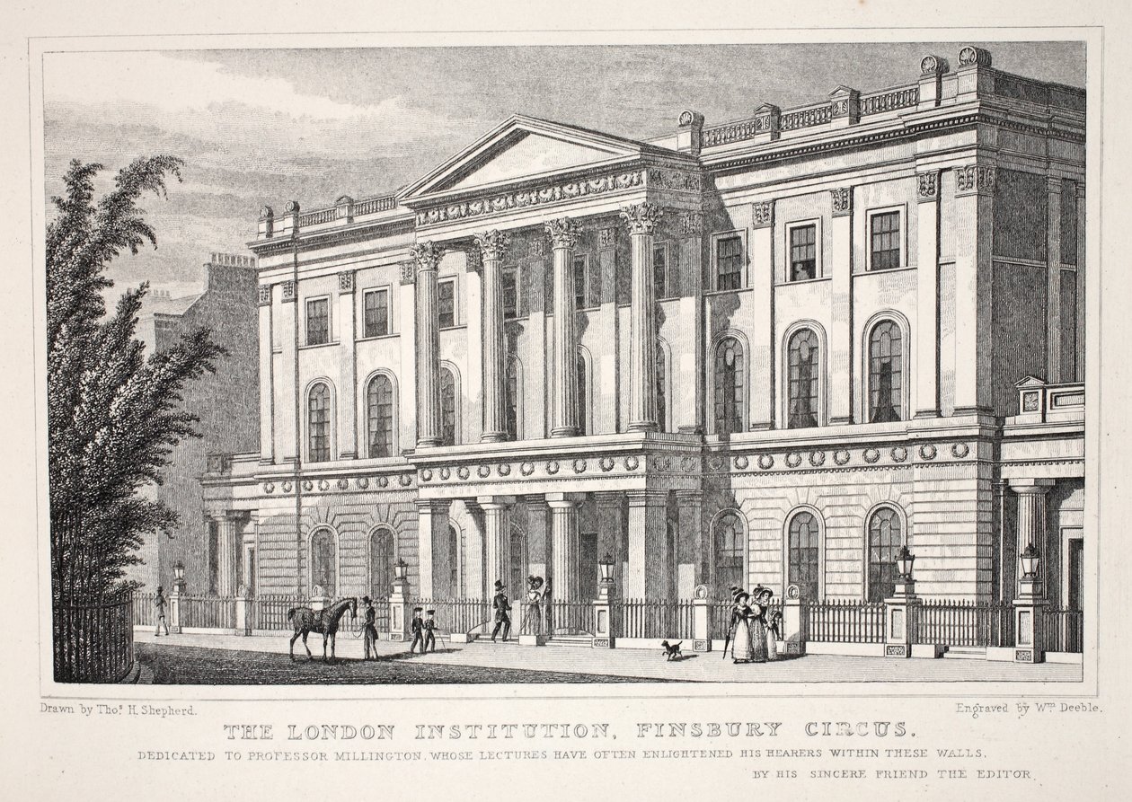 The London Institution, Finsbury Circus, z pubu „Londyn i jego okolice w XIX wieku”. Jones und Co., 1827-1829 autorstwa Thomas Hosmer Shepherd