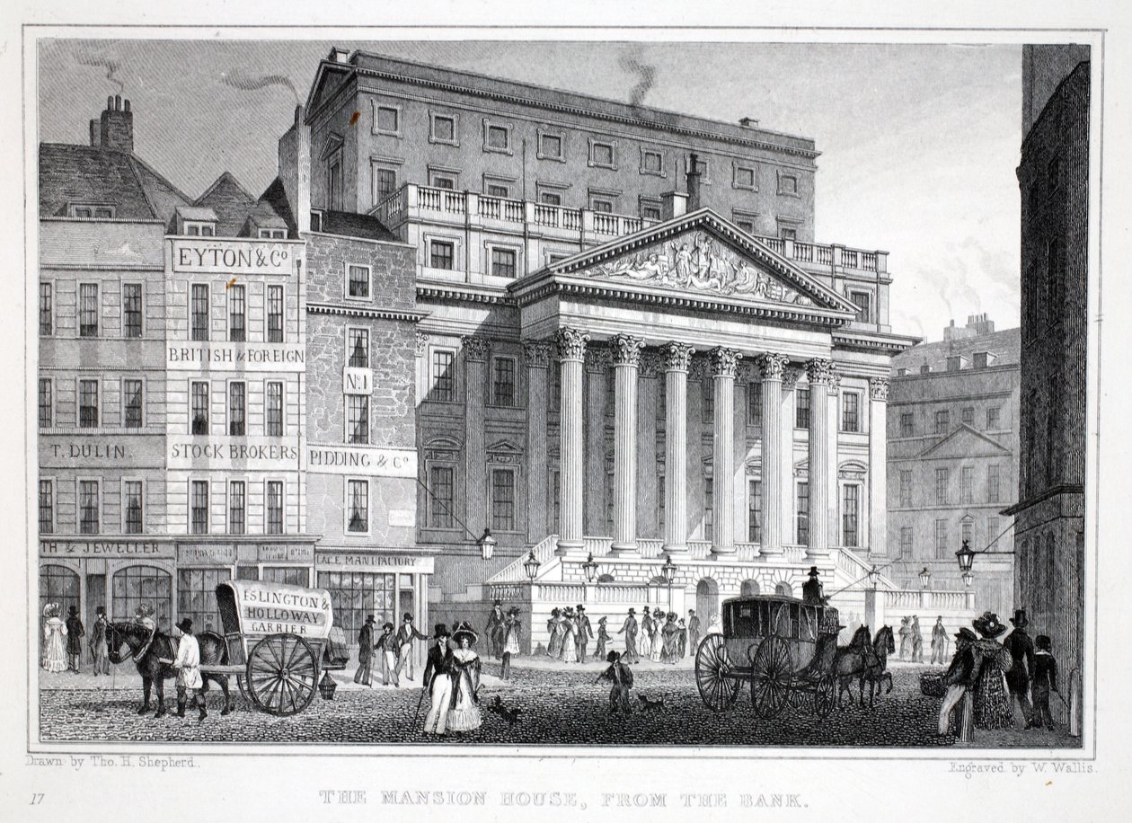 The Mansion House, z pubu „Londyn i jego okolice w XIX wieku”. Jones und Co., 1827-1829 autorstwa Thomas Hosmer Shepherd