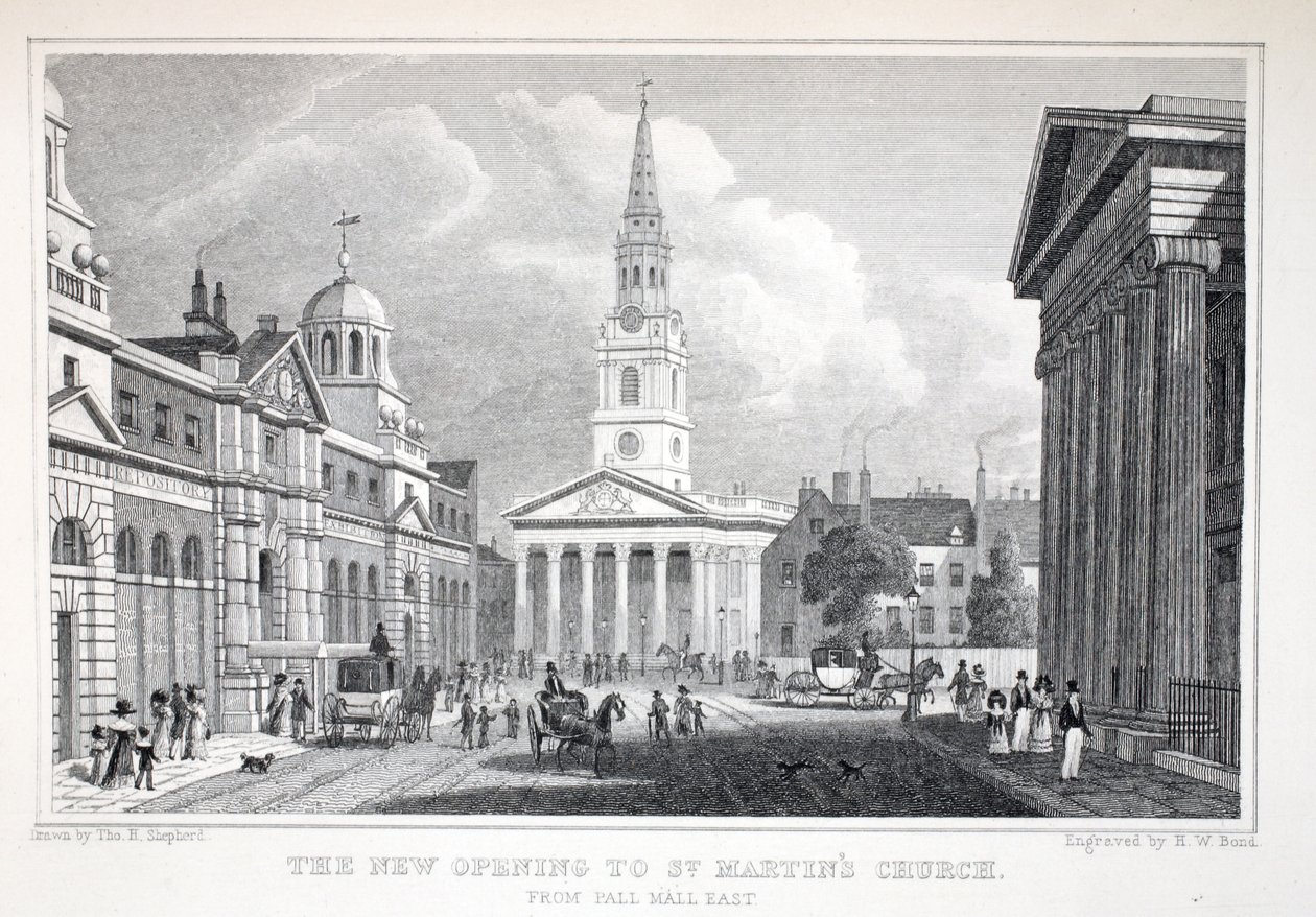 Nowe otwarcie kościoła św. Marcina, z Pall Mall East, z pubu „Londyn i jego okolice w XIX wieku”. Jones und Co., 1827-1829 autorstwa Thomas Hosmer Shepherd