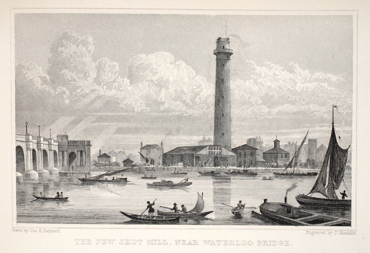 New Shot Mill, niedaleko Waterloo Bridge, z pubu „Londyn i jego okolice w XIX wieku”. Jones und Co., 1827-1829 autorstwa Thomas Hosmer Shepherd