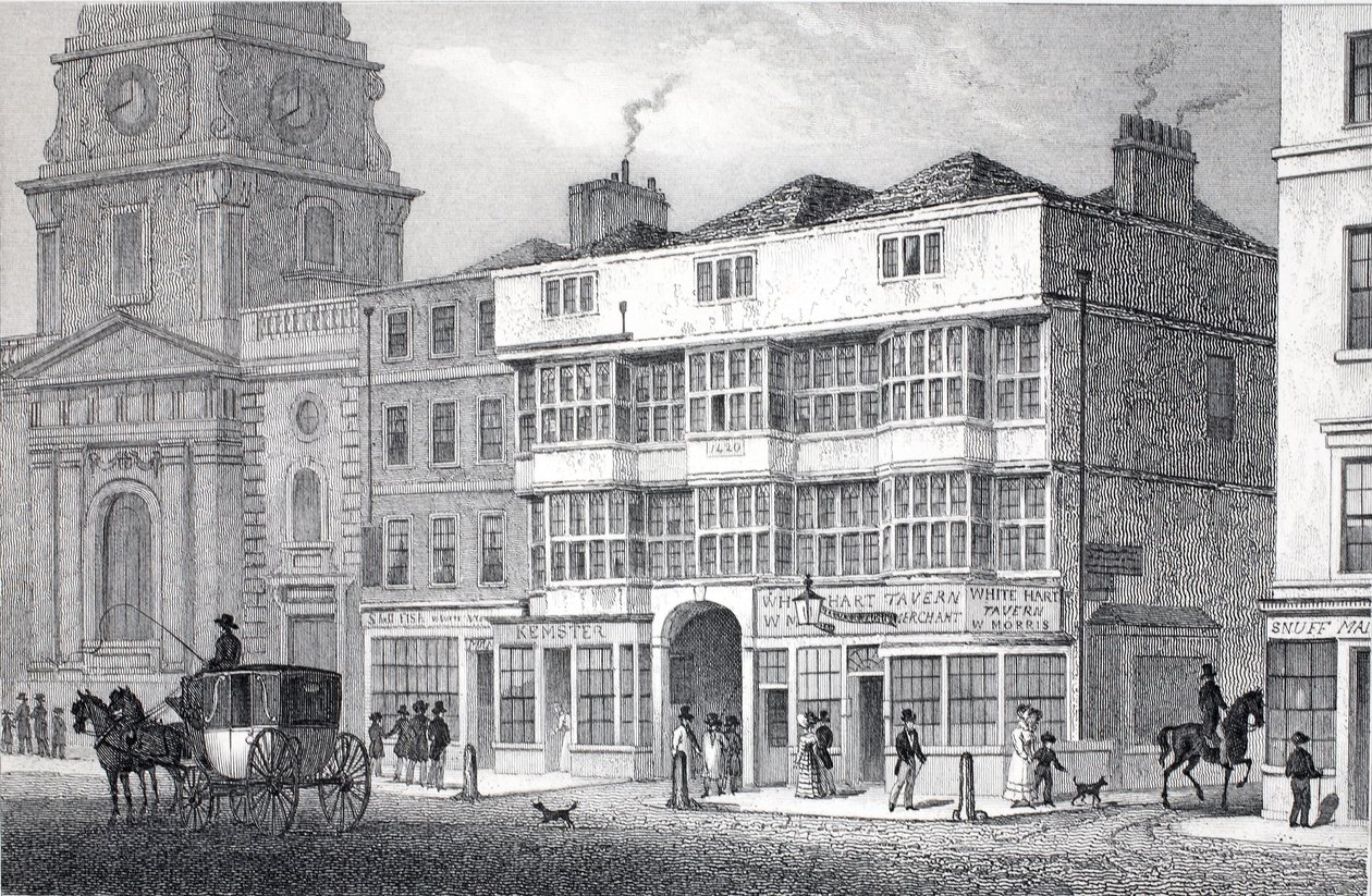 Old White Hart Tavern, Bishopsgate Street, z pubu „Londyn i jego okolice w XIX wieku”. Jones und Co., 1827-1829 autorstwa Thomas Hosmer Shepherd