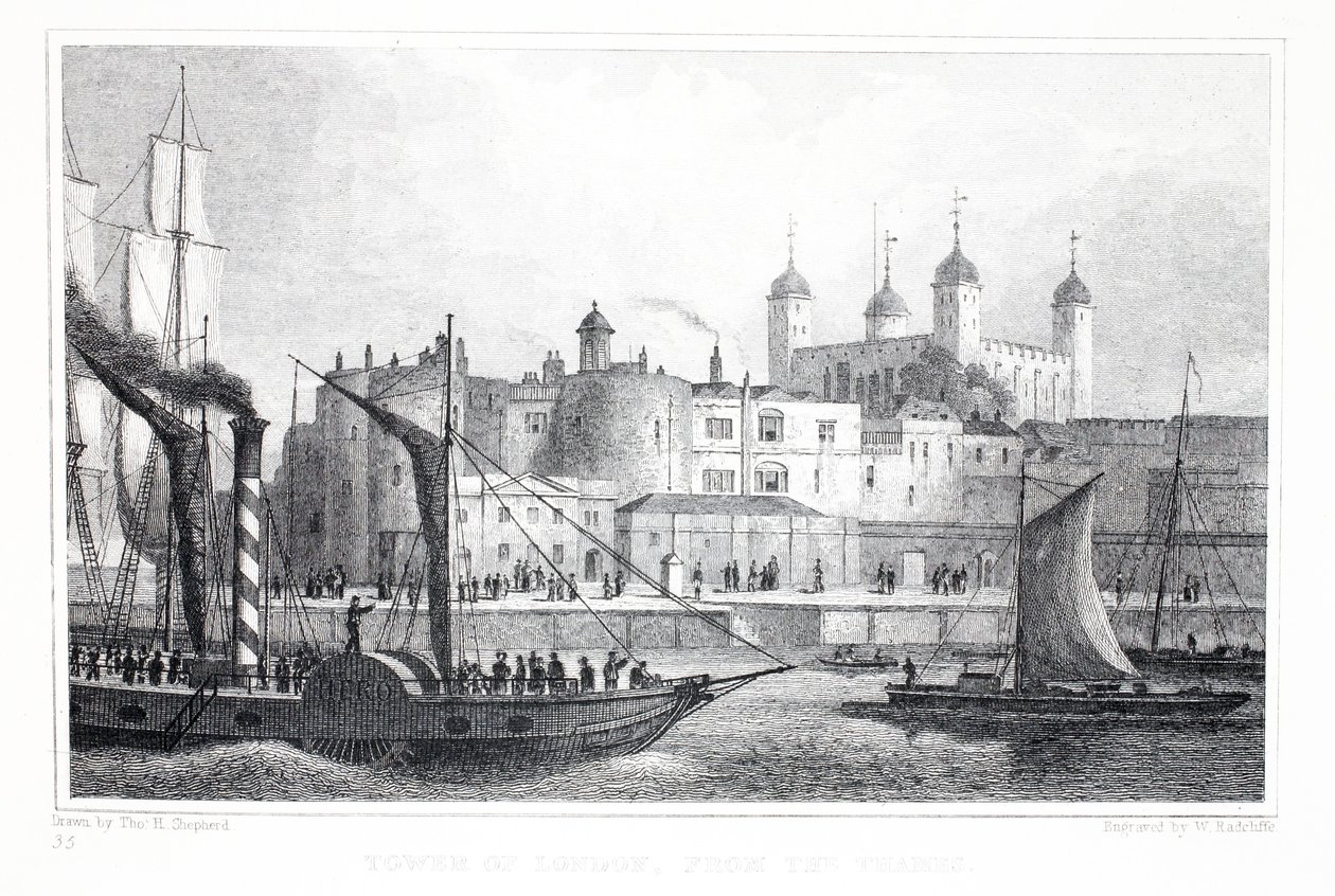 Tower of London, znad Tamizy, z pubu „Londyn i jego okolice w XIX wieku”. Jones und Co., 1827-1829 autorstwa Thomas Hosmer Shepherd