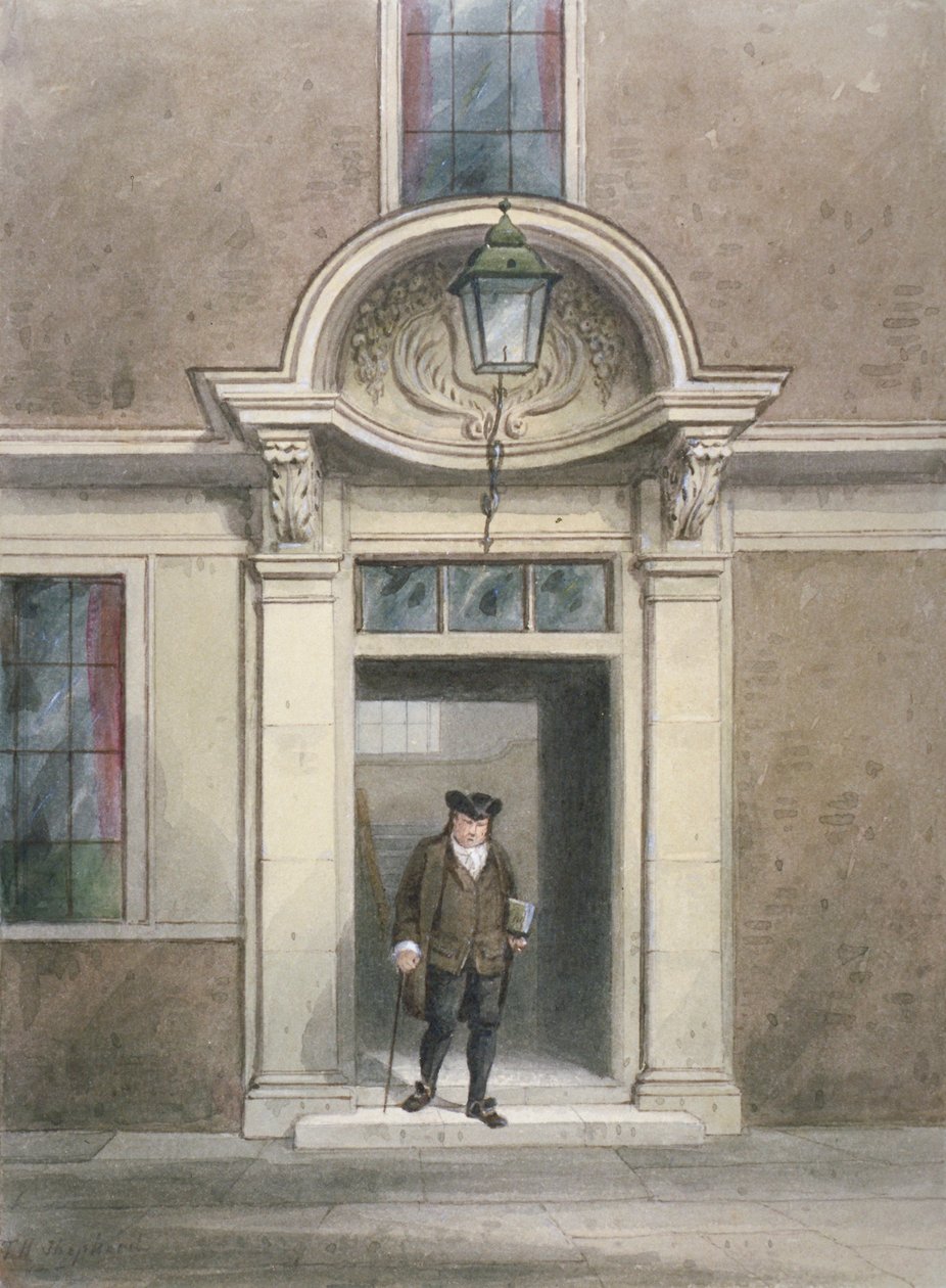 Widok drzwi i schodów dr Johnsona, Inner Temple Lane, City of London, 1855. autorstwa Thomas Hosmer Shepherd