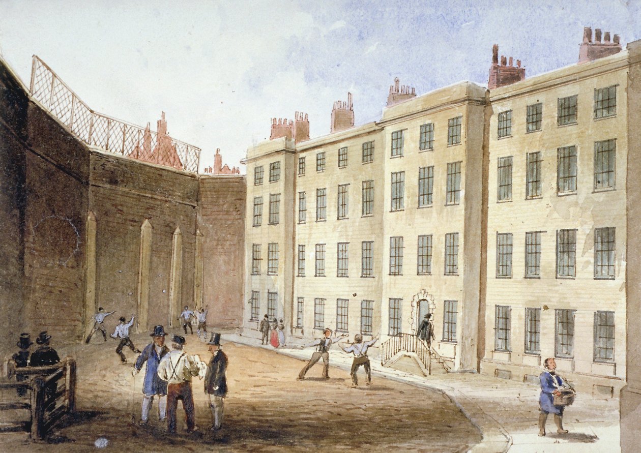 Widok więzienia Fleet z boiska tenisowego, City of London, 1845 autorstwa Thomas Hosmer Shepherd
