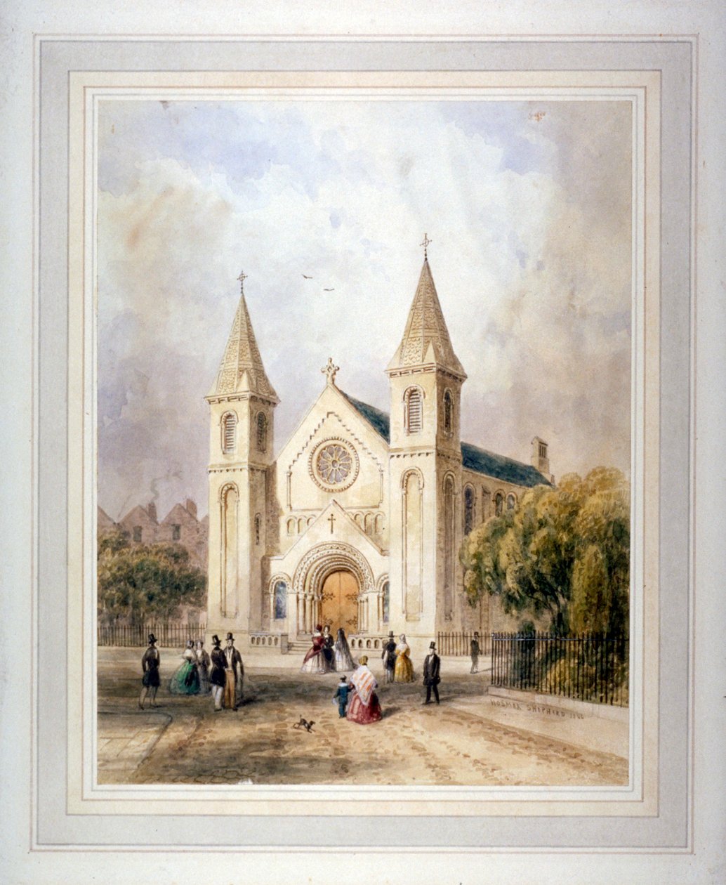 Widok nieznanego budynku sakralnego na Regent Square, St Pancras, Londyn, 1842. autorstwa Thomas Hosmer Shepherd