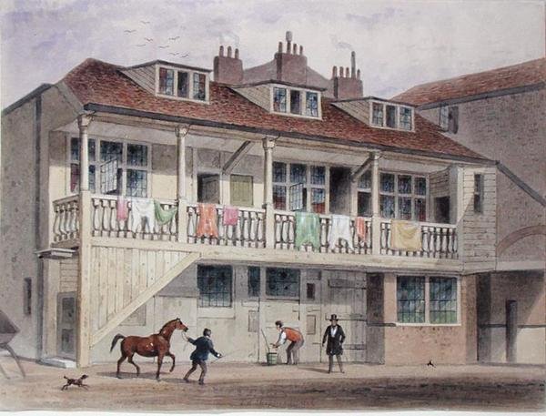 Widok na Black Lion Inn, Whitefriars Street, ok. 1855 (akwarela na papierze) autorstwa Thomas Hosmer Shepherd