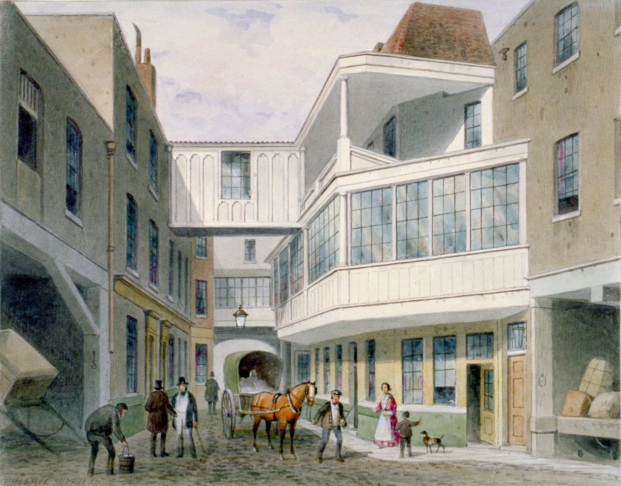 Widok na tawernę Cross Keys, Wood Street, City of London, ok. 1850. autorstwa Thomas Hosmer Shepherd
