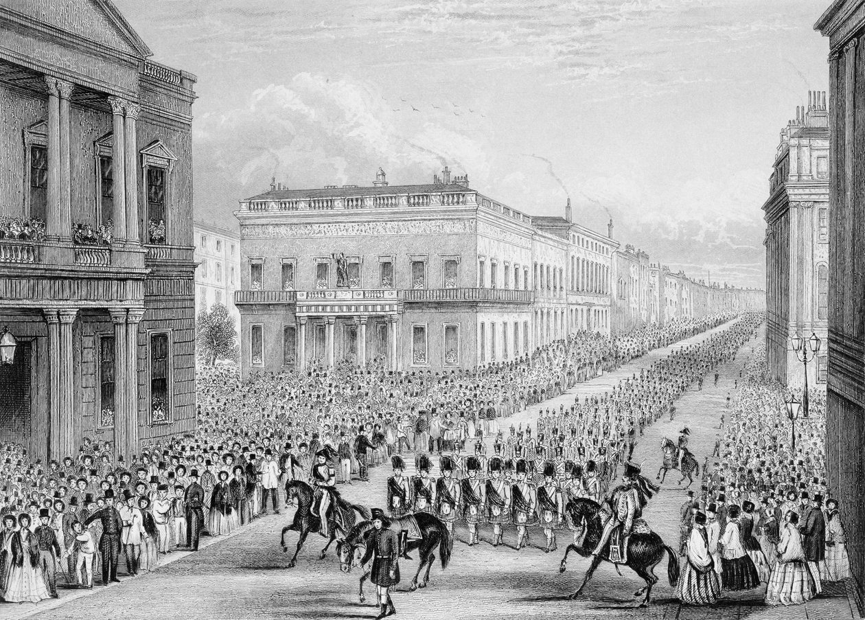 Kondukt pogrzebowy Wellingtona przechodzący przez Senior United Service Club, Pall Mall, Londyn, 1852 autorstwa Thomas Hosmer Shepherd