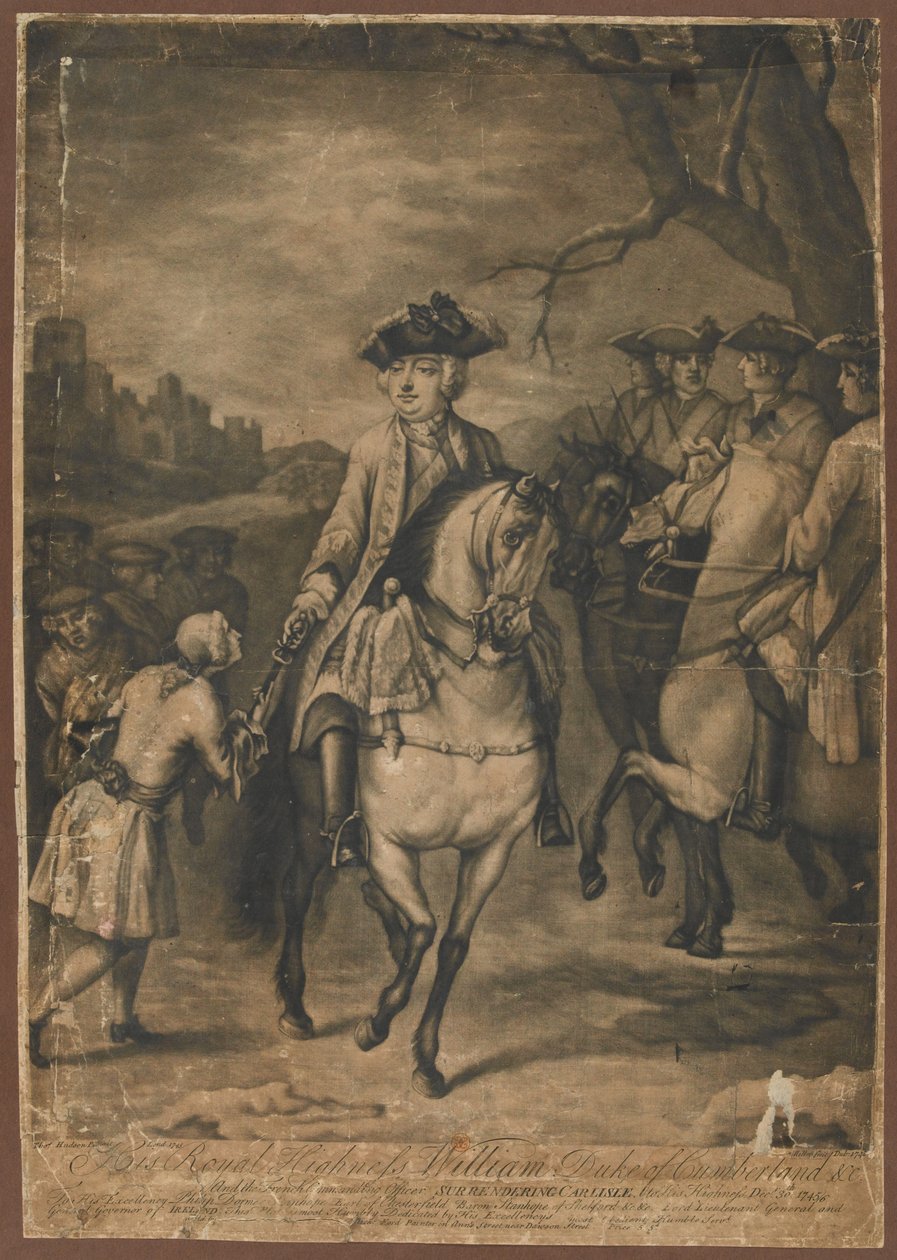J.Ś. Książę Cumberland i francuski dowódca poddający Carlisle Jego Wysokości, 30 grudnia 1745, 1746 (mezzotinta) autorstwa Thomas Hudson