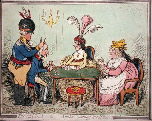 The Odd Trick, or Nunkee Gaining the Honors, wydana przez Hannah Humphrey w 1796 r. (akwaforta ręcznie kolorowana) autorstwa Thomas Humphrey