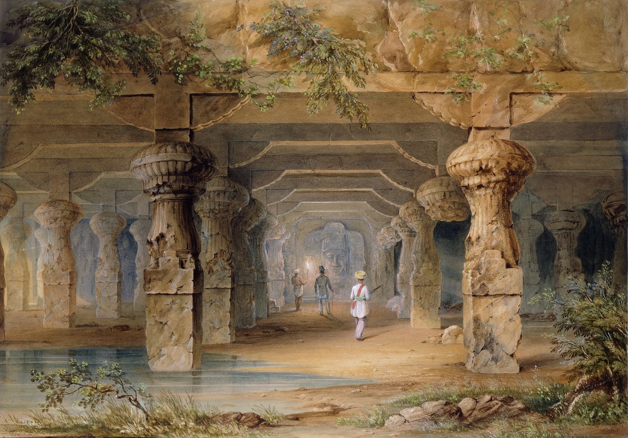 Wnętrze Wielkiej Jaskini, Elephanta, Bombaj, XIX w. autorstwa Thomas J. Rawlins