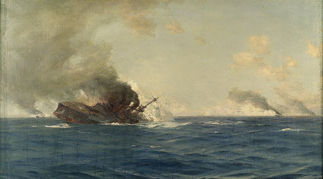 Zatonięcie okrętu "Scharnhorst" w bitwie o Falklandy, 8 grudnia 1914 r., ok. 1915 r. (olej na płótnie) autorstwa Thomas J. Somerscales