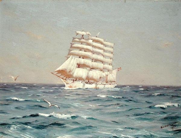 „Viking”, czteromasztowy barek pod pełnymi żaglami autorstwa Thomas J. Somerscales