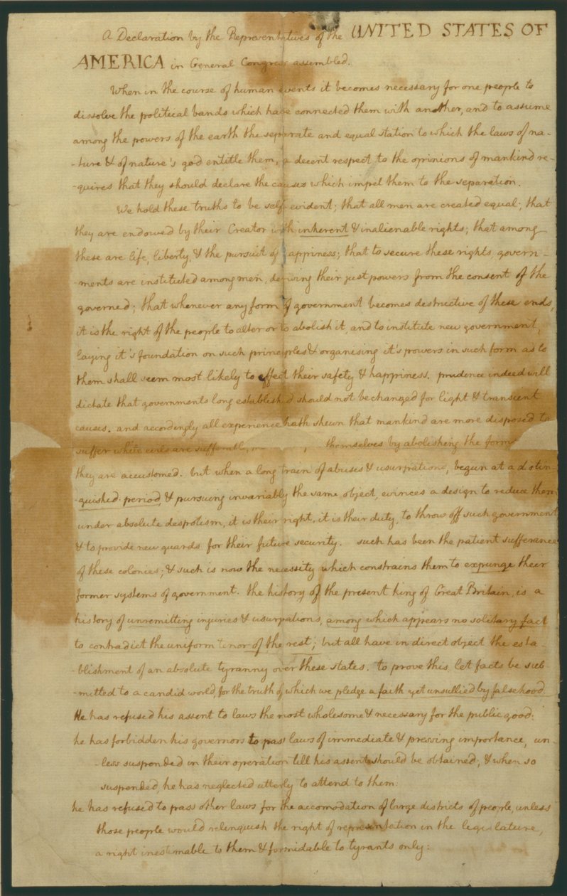 Projekt Deklaracji Niepodległości z 4 lipca 1776 r autorstwa Thomas Jefferson