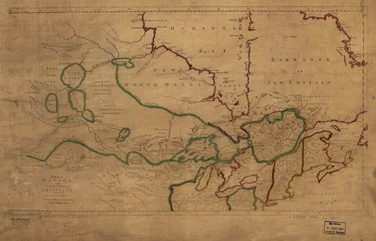 Mapa Kanady i północnej części Luizjany z przyległymi krajami. LOC 73695757 autorstwa Thomas Jefferys