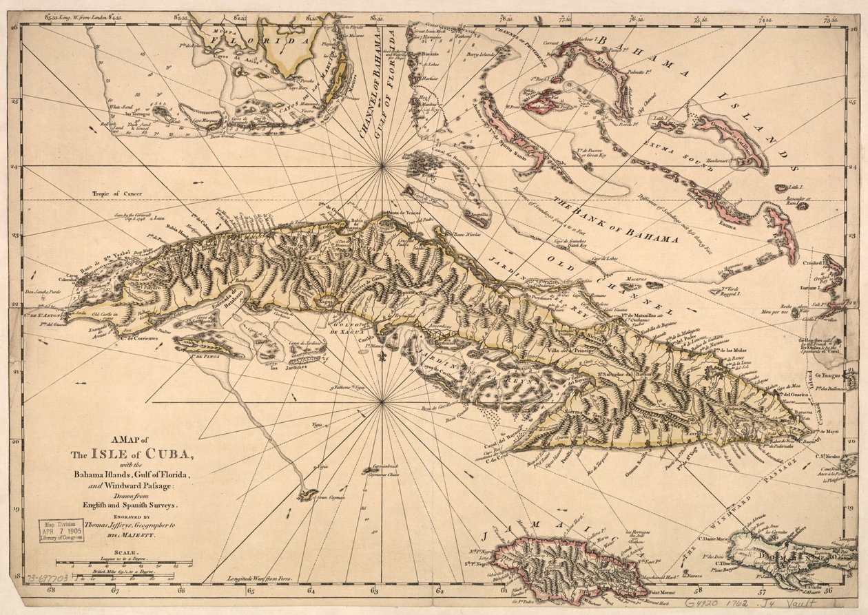 Mapa wyspy Kuba z wyspami Bahama, Zatoką Florydzką i Windward Passage - sporządzona na podstawie angielskich i hiszpańskich pomiarów. LOC 73697703 autorstwa Thomas Jefferys