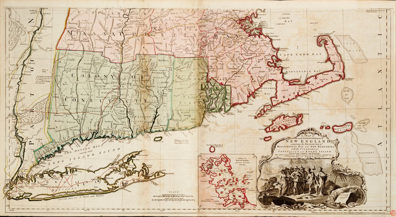 Mapa najbardziej zamieszkanej części Nowej Anglii, zawierająca prowincje Massachusetts Bay i New Hampshire wraz z koloniami Connecticut i Rhode Island. autorstwa Thomas Jefferys