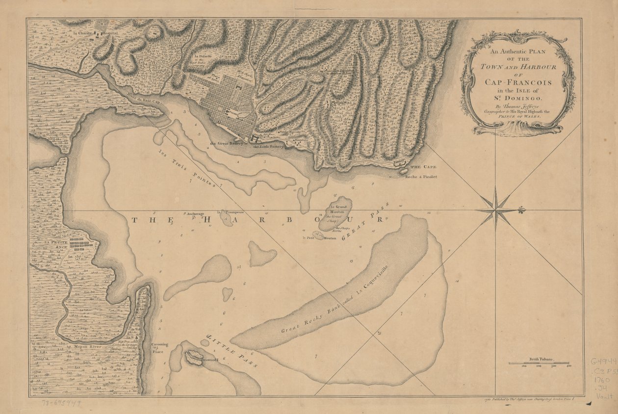 Autentyczny plan miasta i portu Cap-François na wyspie St. Domingo. LOC 73695949 autorstwa Thomas Jefferys