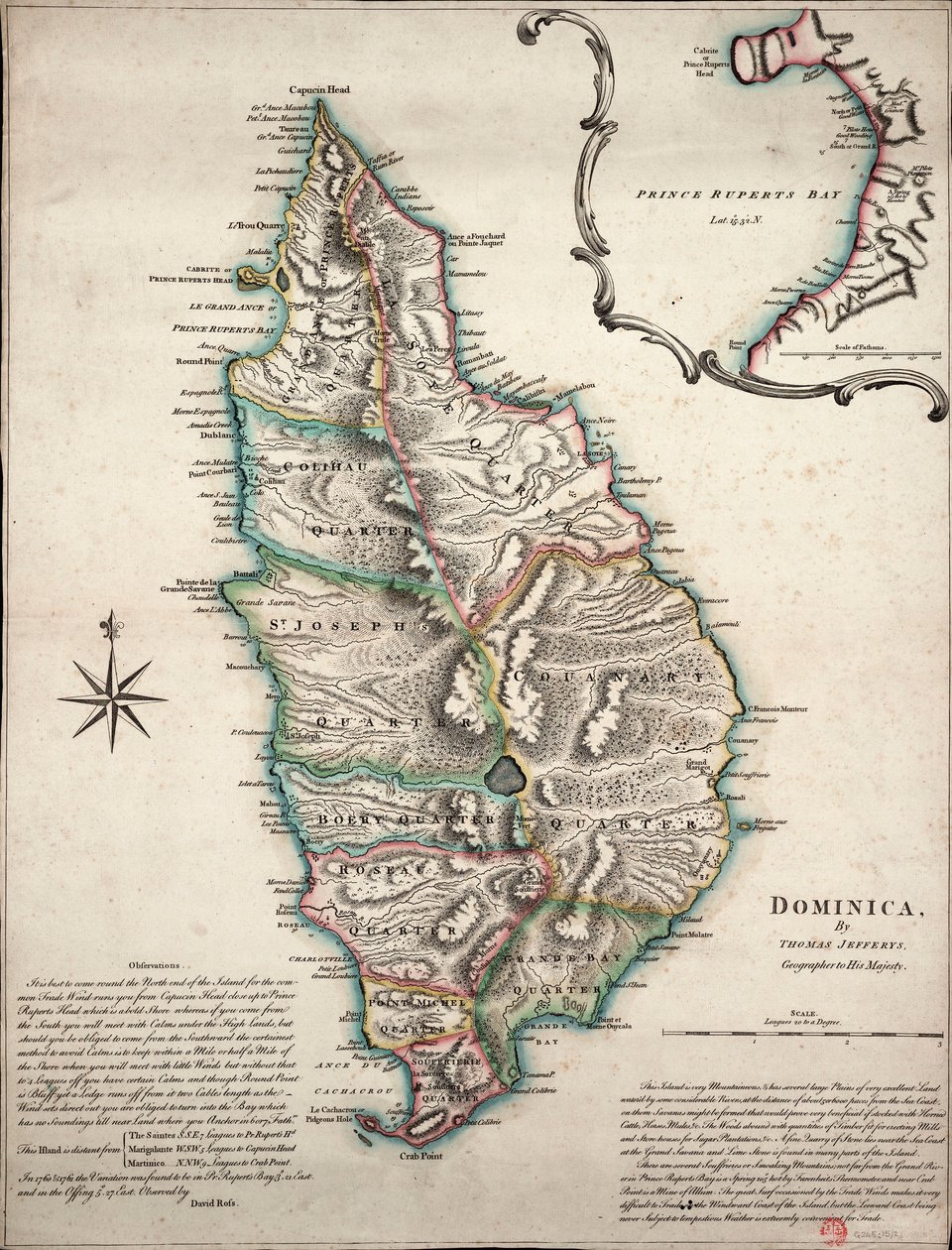 Kolorowa mapa Dominiki ze szczegółowymi obserwacjami geograficznymi, ok. 1760 r. (ręcznie kolorowana rycina) autorstwa Thomas Jefferys