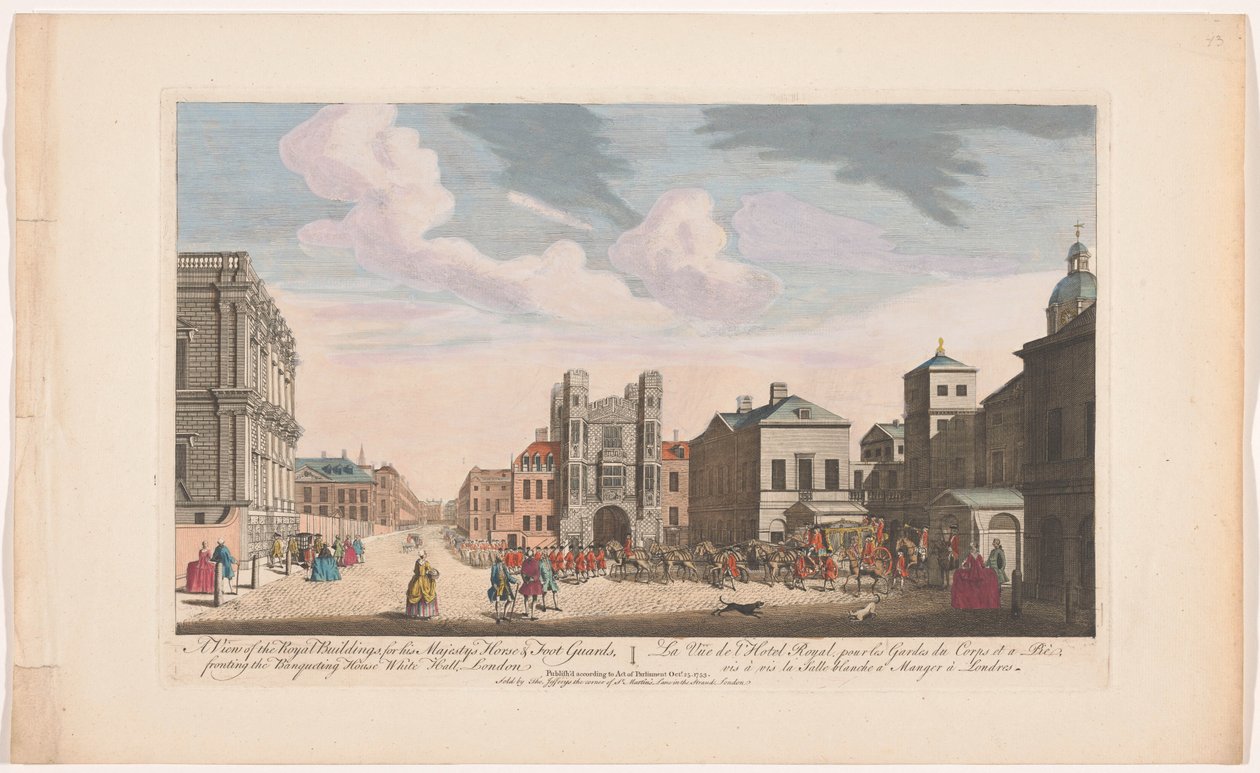 Gezicht op het Banqueting House en Horse Guards Building te Londen Widok na budynki królewskie, dla konnych i piechoty Jego Królewskiej Mości, przed Banqueting House White Hall, Londyn (tytuł na obiekcie) autorstwa Thomas Jefferys