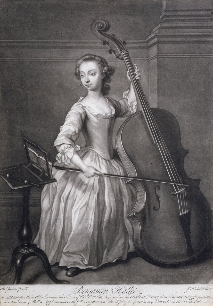 Portret Benjamina Halleta grającego na wiolonczeli, wyryty przez Jamesa McArdella (ok. 1729-65), ok. 1749 r. autorstwa Thomas Jenkins