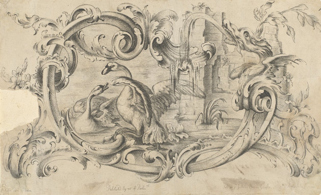 Projekt tabliczki na kawałek komina z dwoma walczącymi łabędziami, zamknięty w zwoju..., 1762. autorstwa Thomas Johnson