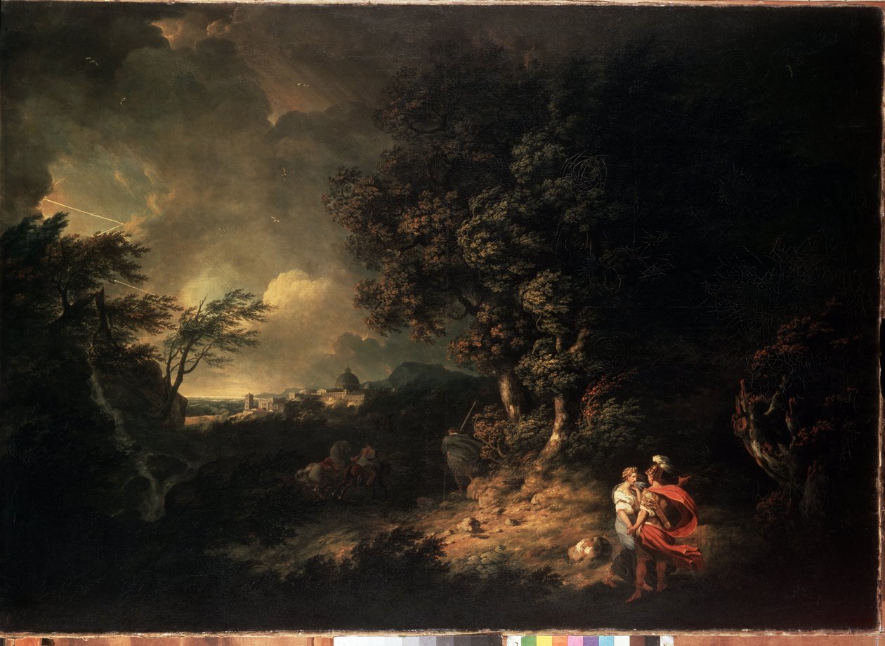 „„Pejzaż burzowy z Eneaszem i Dydą”” (Pejzaż z Eneaszem i Dydoną) Ilustracja z Eneidy Wergiliusza. Obraz Thomas Jones (1742-1803) 1769 Wymiary 137,5x193,5 cm Ermitaż, Sankt Petersburg autorstwa Thomas Jones