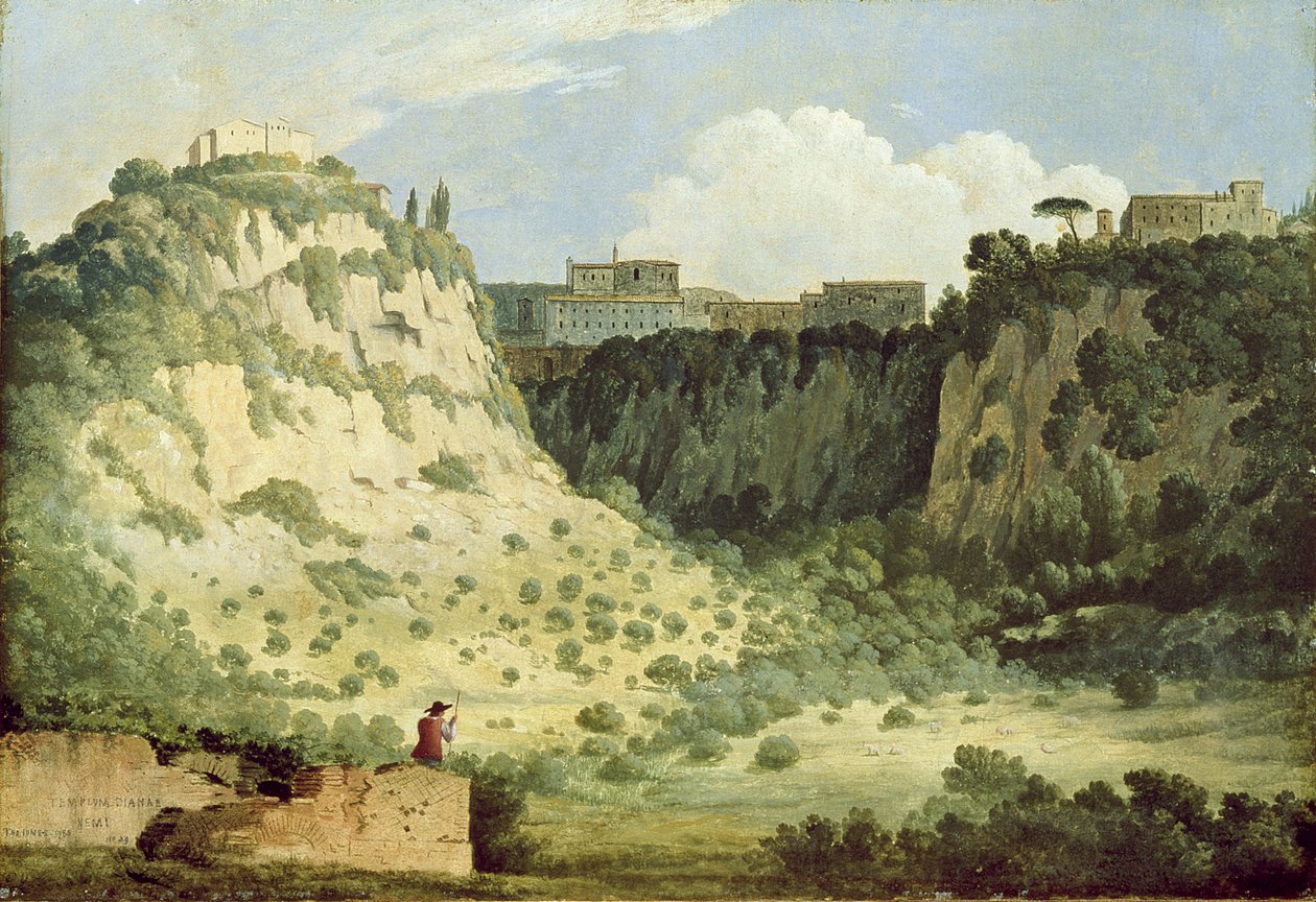 Widok świątyni Diany, Nemi, z pasterzem na pierwszym planie, 1785 autorstwa Thomas Jones