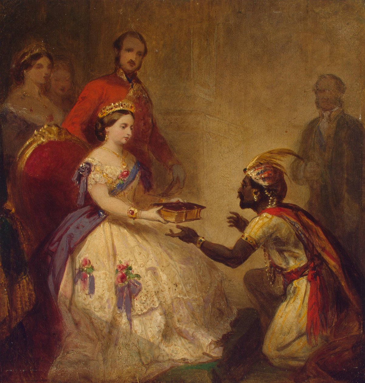 Królowa Wiktoria wręcza Biblię afrykańskiemu wodzowi (Sekret wielkości Anglii) autorstwa Thomas Jones Barker