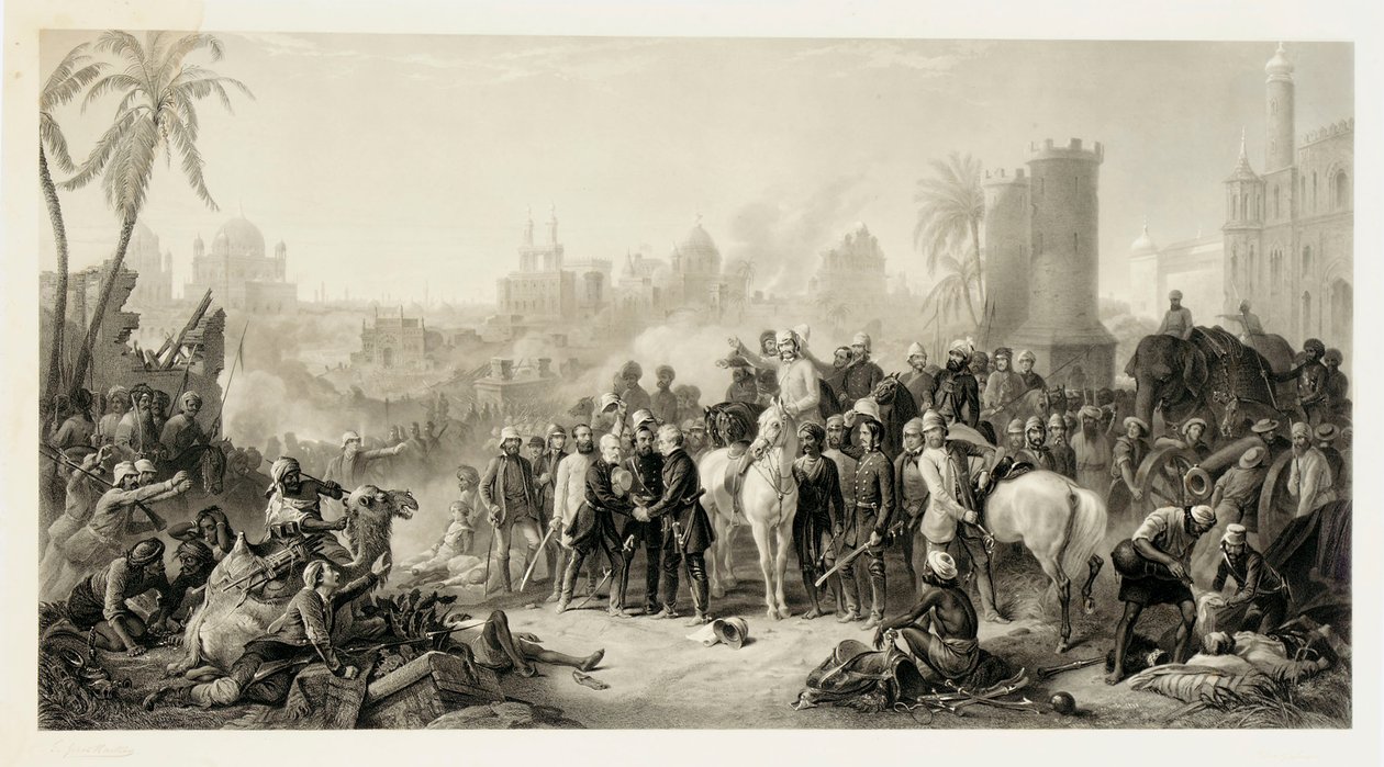 Ulga w Lucknow i Triumfalne spotkanie Havelocka, Outrama i Sir Colina Campbella, 1862 autorstwa Thomas Jones Barker